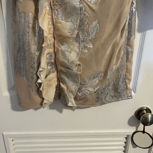 Self Portrait Dress Metallic Fil Coupe Ruffle Mini Beige Tan Silver Cocktail 4 - Picture 6 of 15